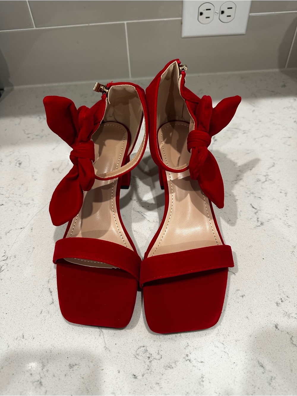 Red Bow Ankle-Strap Women's heels, like new, never worn!